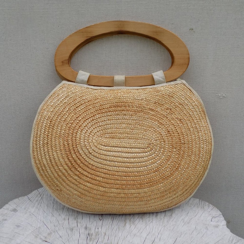 Round Vintage Woven Straw/Raffia Bag with wood handles